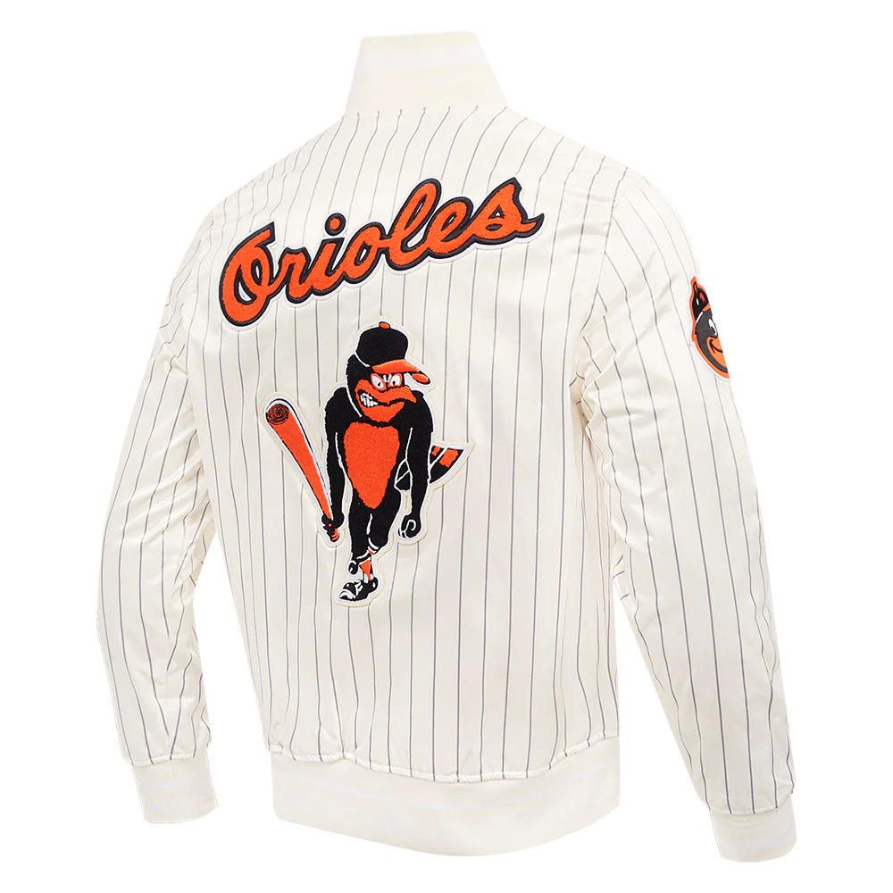 MLB BALTIMORE ORIOLES PINSTRIPE RETRO CLASSIC MEN'S RIB SATIN JACKET (EGGSHELL/ GREY) - Image 4
