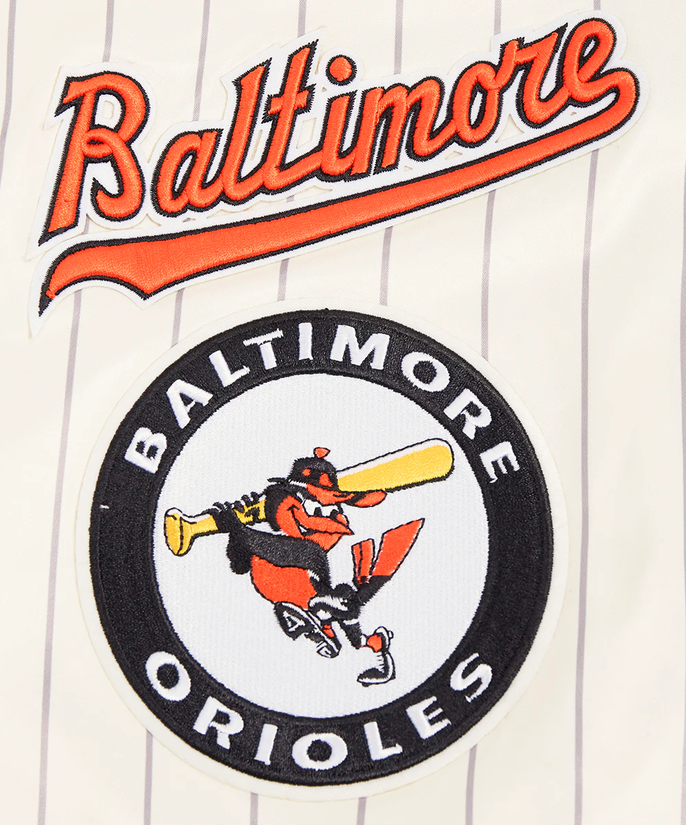 MLB BALTIMORE ORIOLES PINSTRIPE RETRO CLASSIC MEN'S RIB SATIN JACKET (EGGSHELL/ GREY) - Image 8
