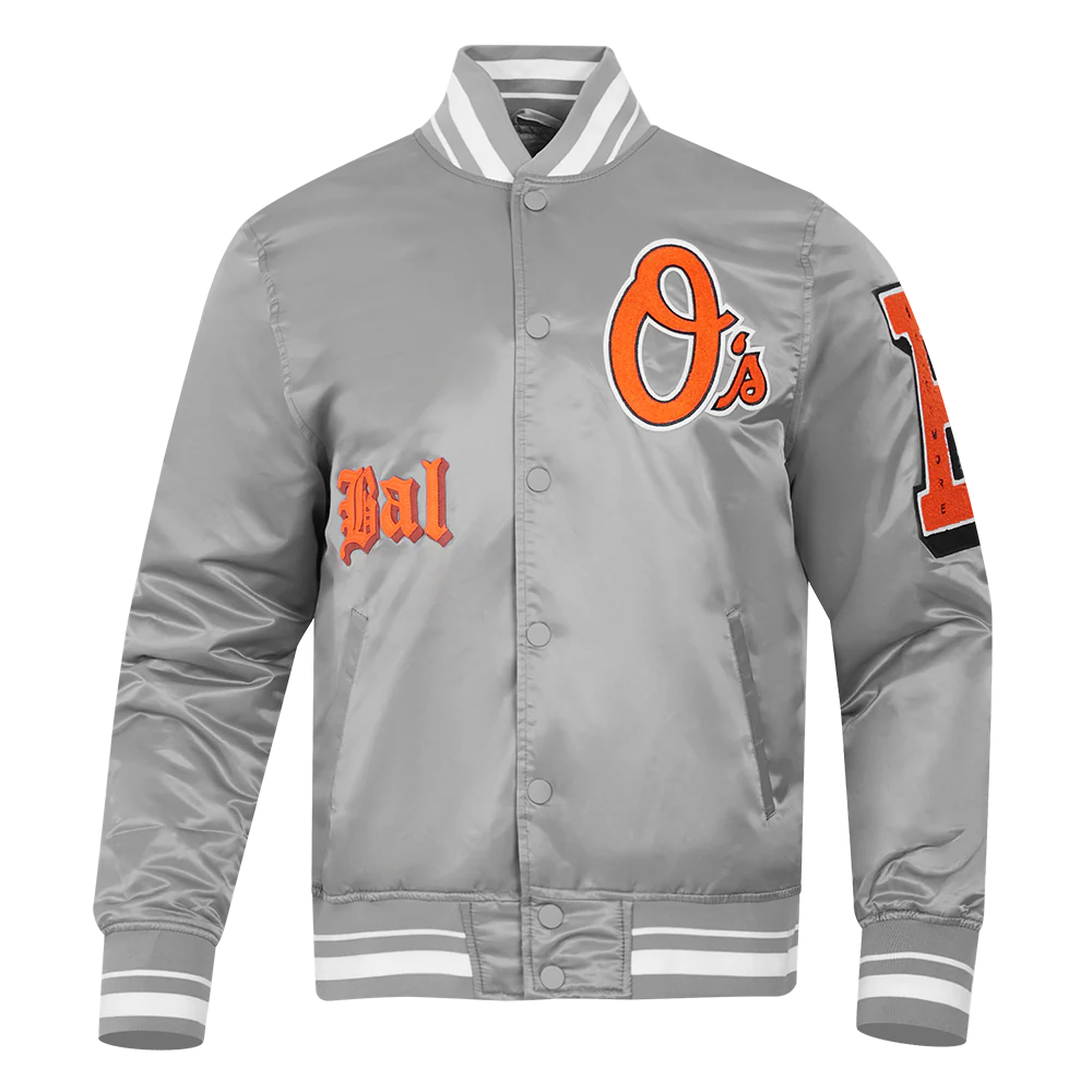 MLB BALTIMORE ORIOLES OLD ENGLISH MEN'S RIB SATIN JACKET (GRAY)