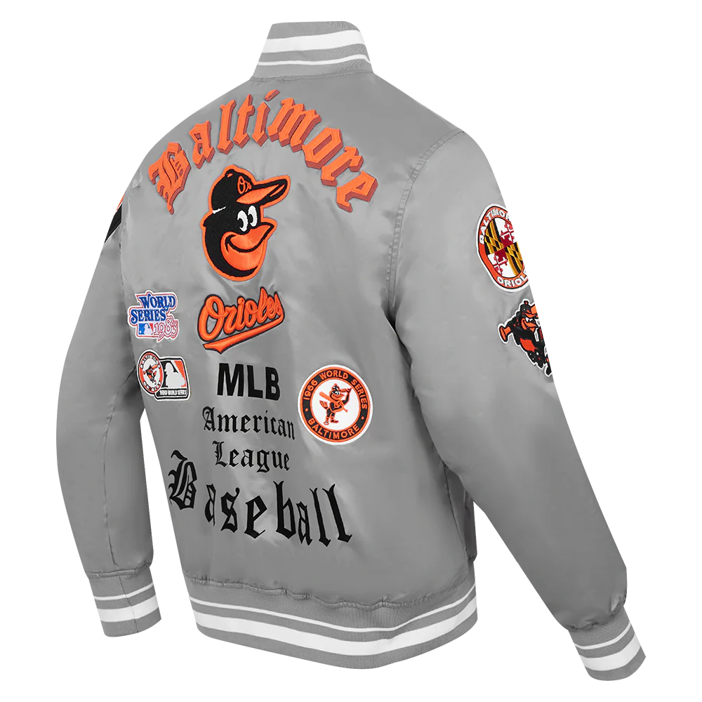 MLB BALTIMORE ORIOLES OLD ENGLISH MEN'S RIB SATIN JACKET (GRAY) - Image 3