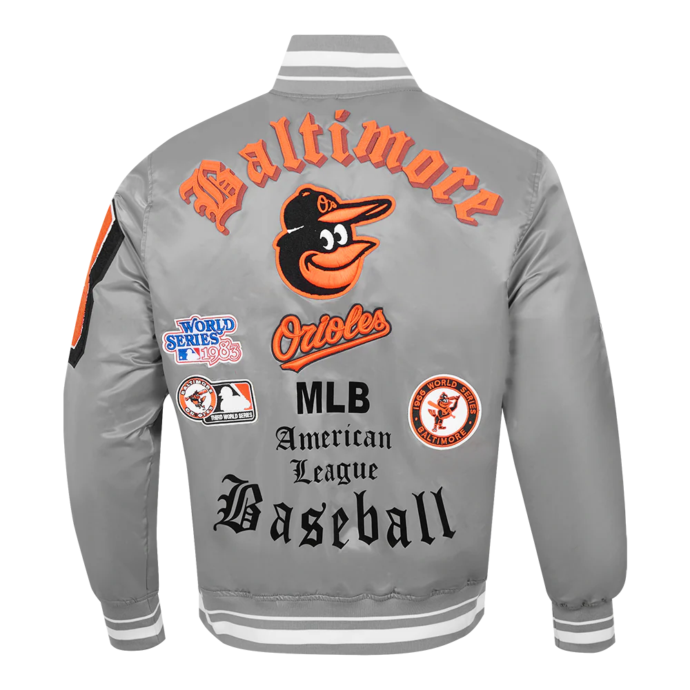 MLB BALTIMORE ORIOLES OLD ENGLISH MEN'S RIB SATIN JACKET (GRAY) - Image 4