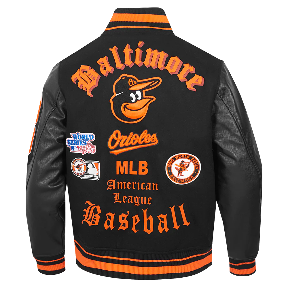 MLB BALTIMORE ORIOLES CLASSIC OLD ENGLISH MEN'S RIB WOOL VARSITY JACKE (BLACK/ORANGE) - Image 3