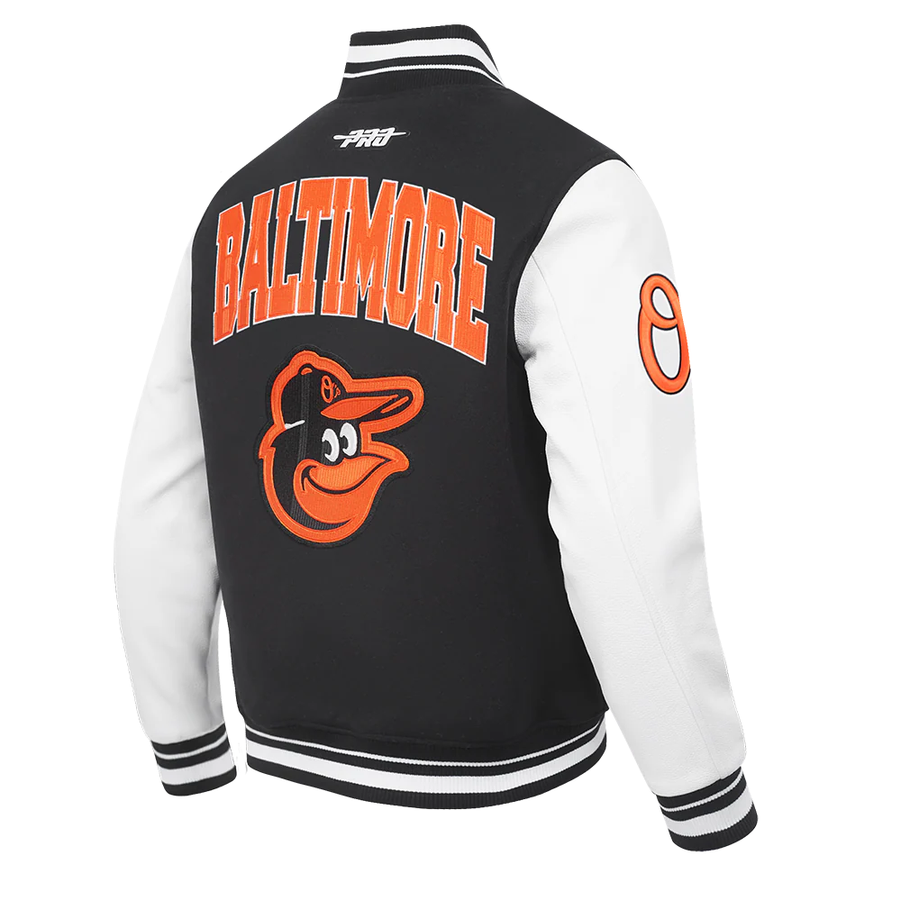 MLB BALTIMORE ORIOLES CITY ARCH MEN'S WOOL VARSITY JACKET (BLACK/WHITE) - Image 4
