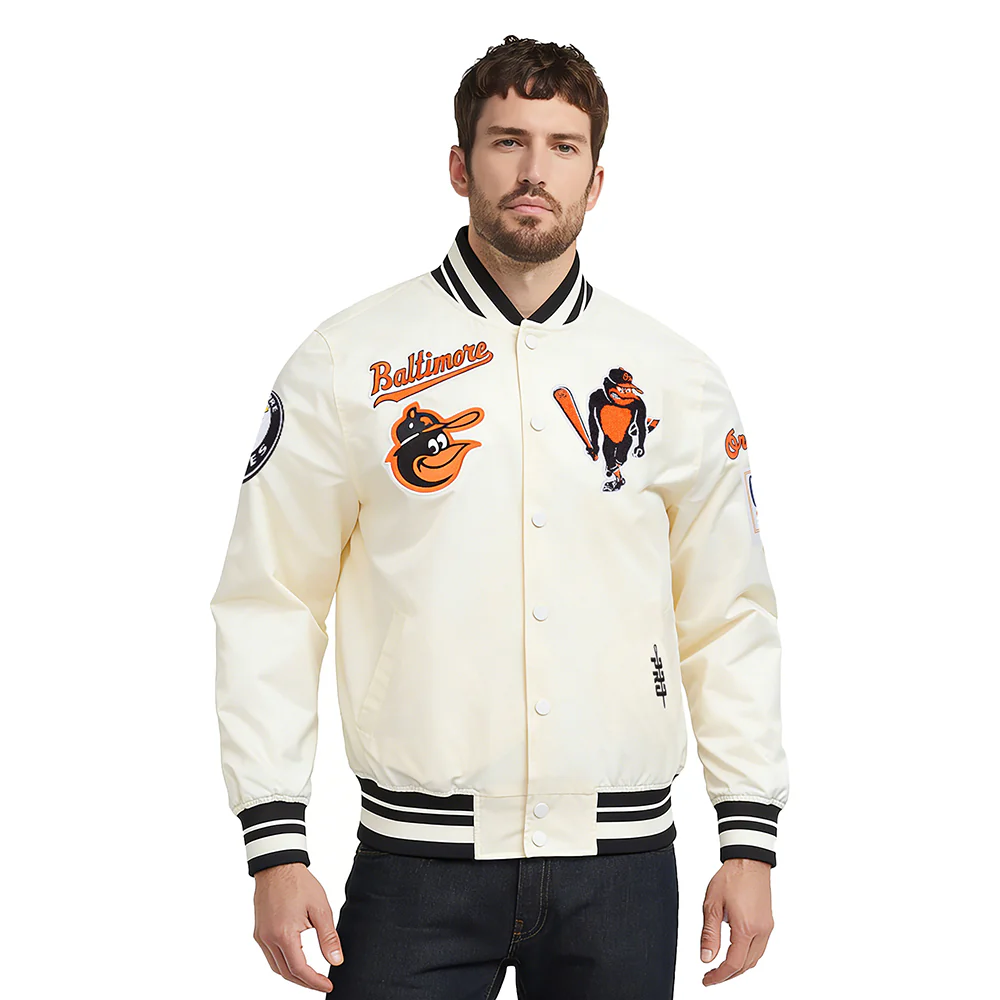 MLB BALTIMORE ORIOLES RETRO CLASSICS MEN'S PRO SATIN YD RIB JACKET (EGGSHELL/ BLACK)