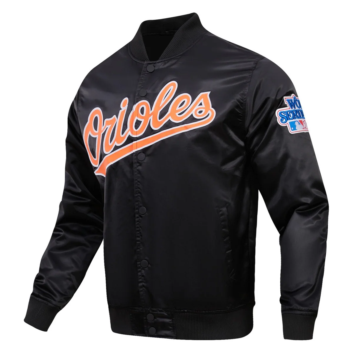 MLB BALTIMORE ORIOLES BIG LOGO WORLD SERIES MEN'S SATIN JACKET (BLACK) - Image 2
