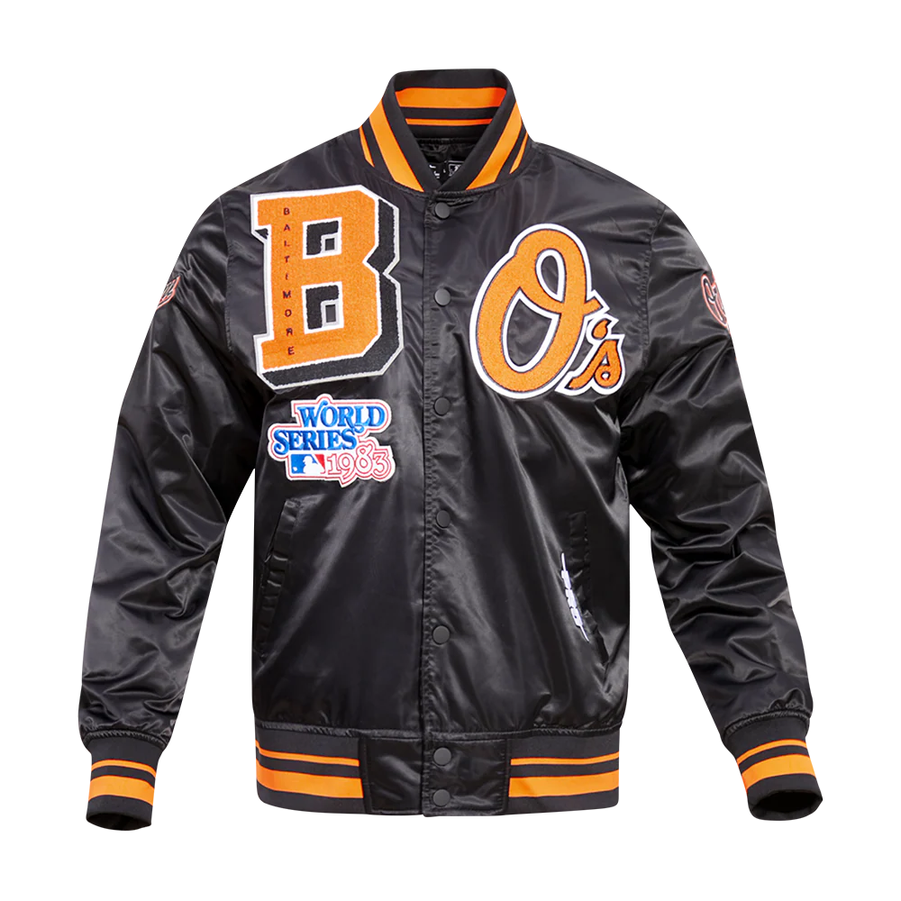 MLB BALTIMORE ORIOLES MASHUP MEN'S RIB SATIN JACKET (BLACK/ORANGE)