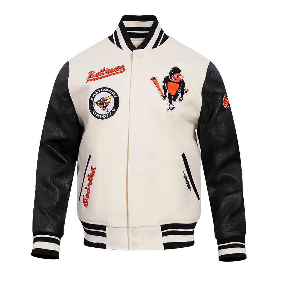 MLB BALTIMORE ORIOLES RETRO CLASSIC MEN'S RIB WOOL VARSITY JACKET (EGGSHELL/BLACK)