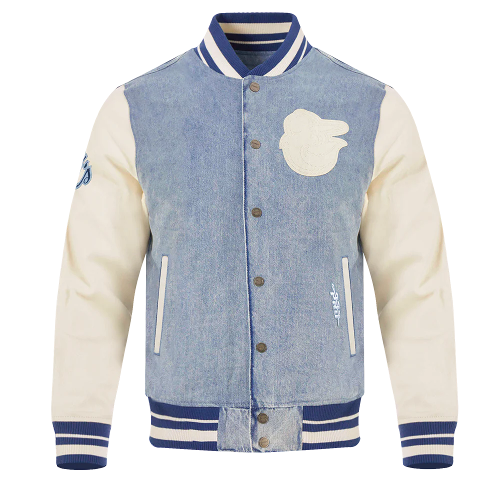 MLB BALTIMORE ORIOLES VARSITY BLUES MEN'S DENIM VARSITY JACKET (DENIM/LINEN)
