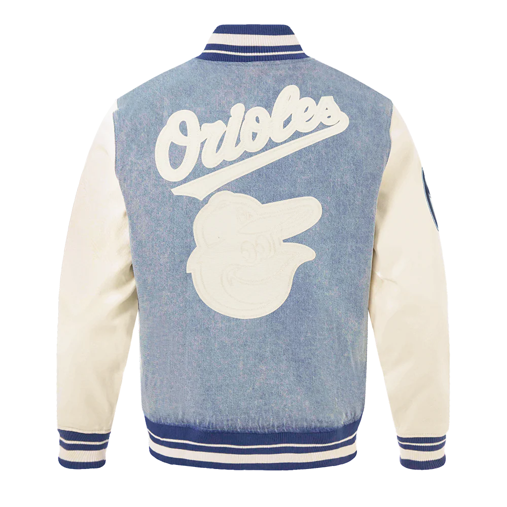 MLB BALTIMORE ORIOLES VARSITY BLUES MEN'S DENIM VARSITY JACKET (DENIM/LINEN) - Image 3