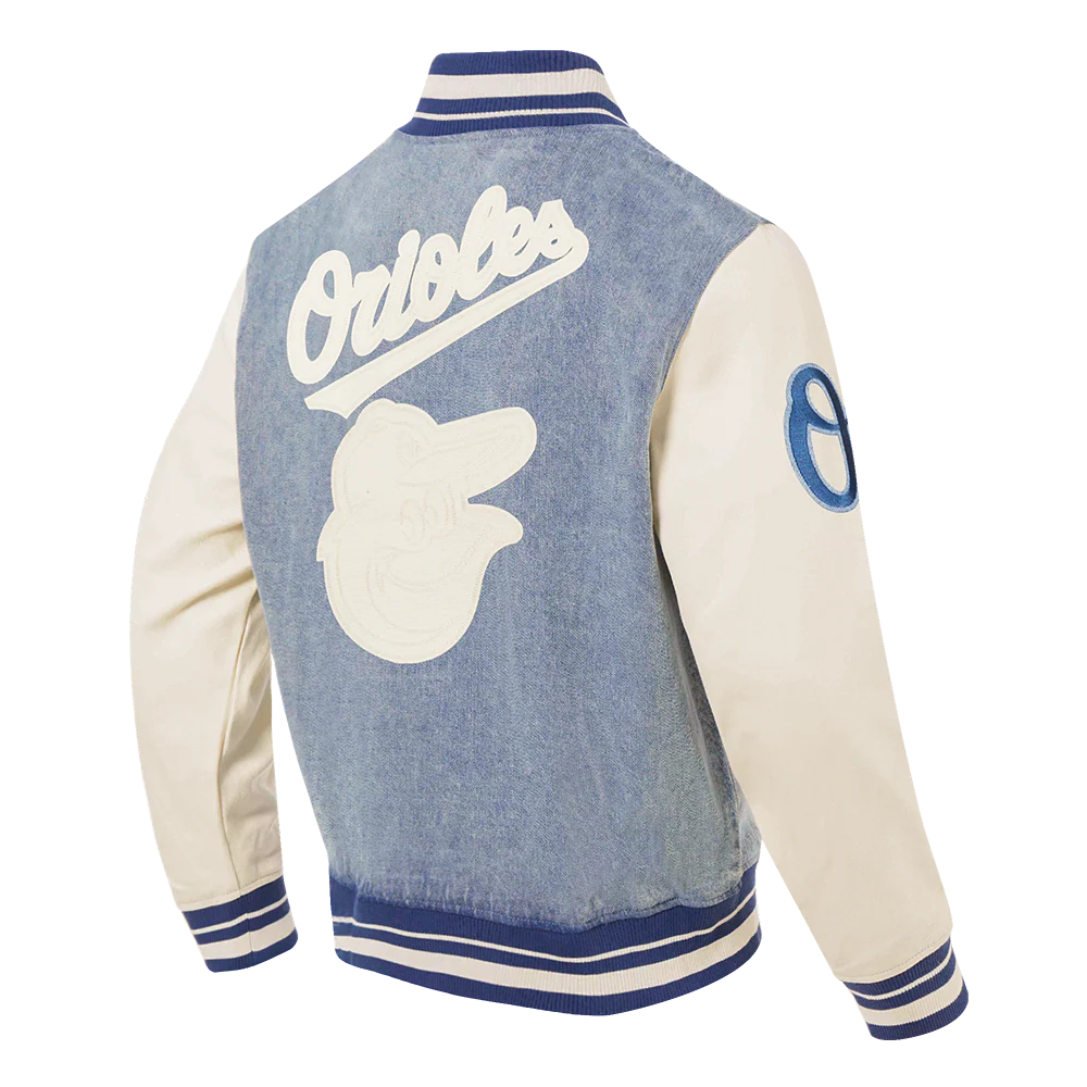 MLB BALTIMORE ORIOLES VARSITY BLUES MEN'S DENIM VARSITY JACKET (DENIM/LINEN) - Image 4