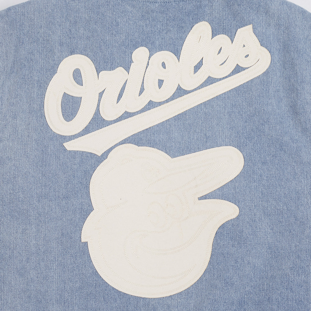 MLB BALTIMORE ORIOLES VARSITY BLUES MEN'S DENIM VARSITY JACKET (DENIM/LINEN) - Image 7