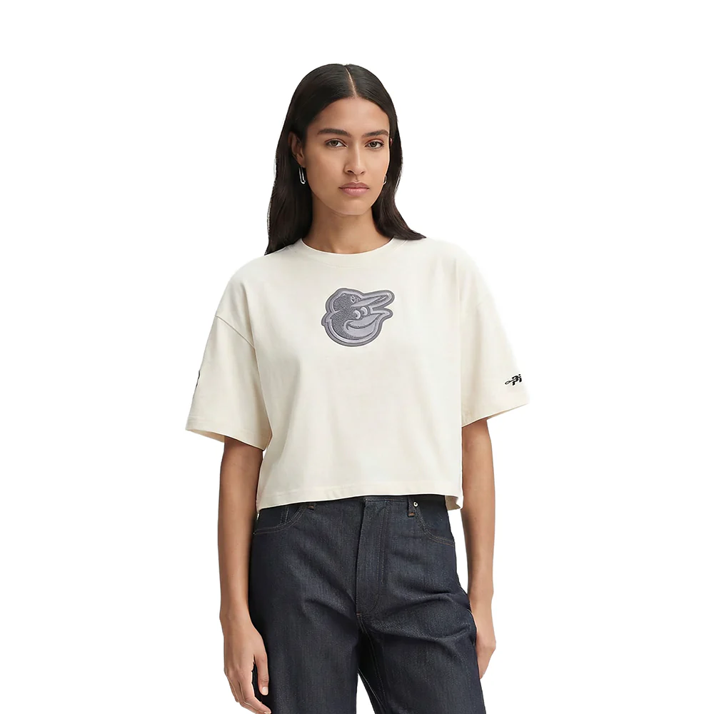 MLB BALTIMORE ORIOLES REVERSE FRENCH TERRY WOMEN'S SINGLE JERSEY BOXY TOP (EGGSHELL)