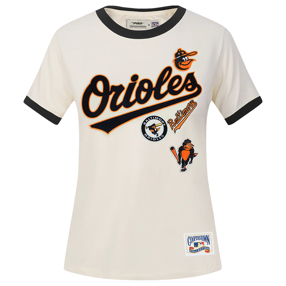 MLB BALTIMORE ORIOLES RETRO CASCADE WOMEN'S RINGER TEE (EGGSHELL/ BLACK)