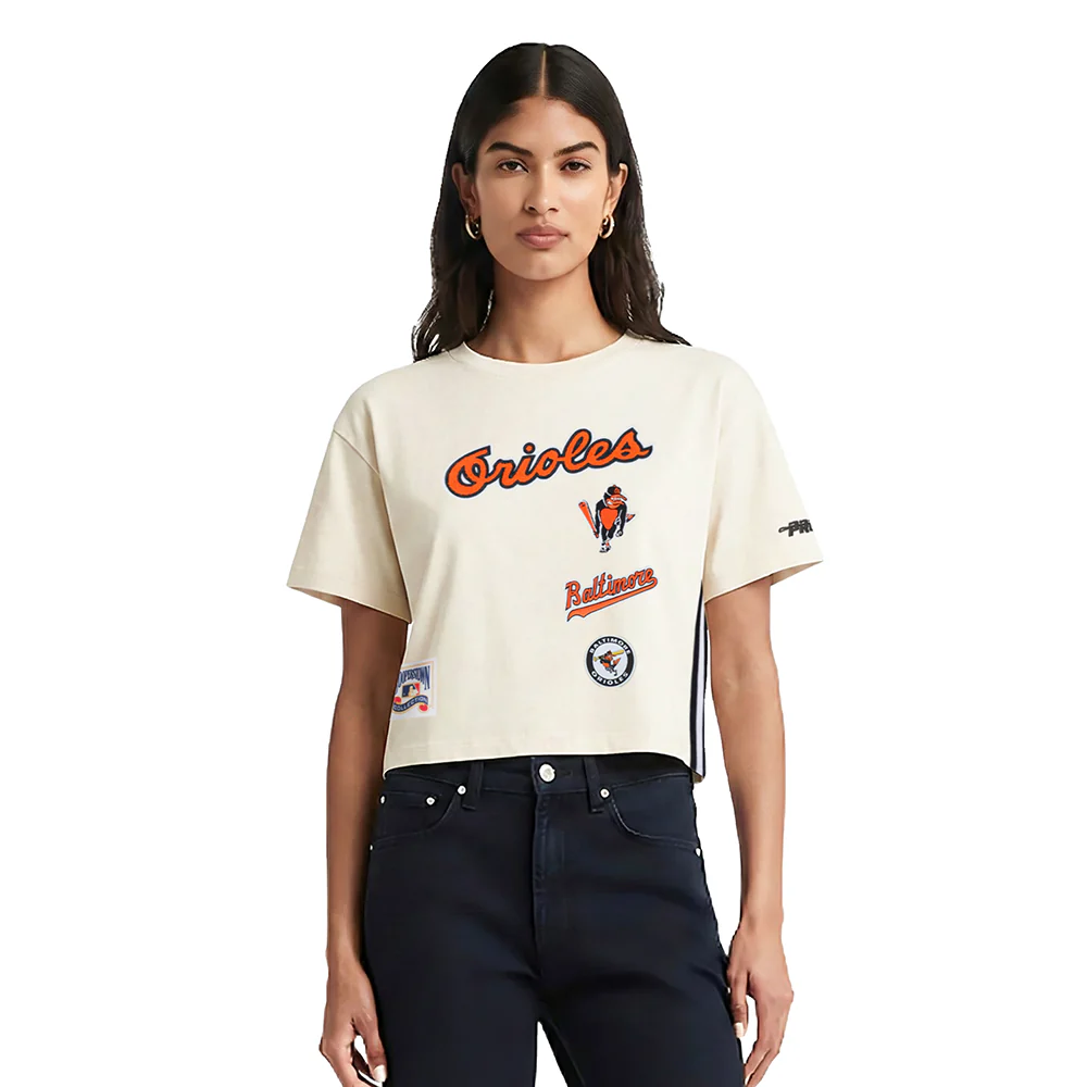 MLB BALTIMORE ORIOLES RETRO CLASSICS WOMEN'S S/S BOXY TOP (EGGSHELL)