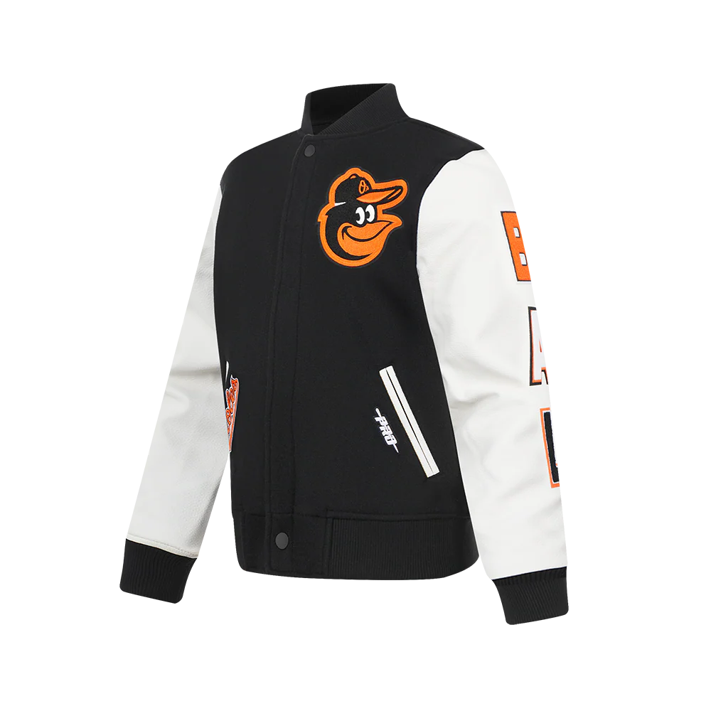 MLB BALTIMORE ORIOLES CLASSIC BIG BOYS WOOL VARSITY JACKET (BLACK/WHITE) - Image 2