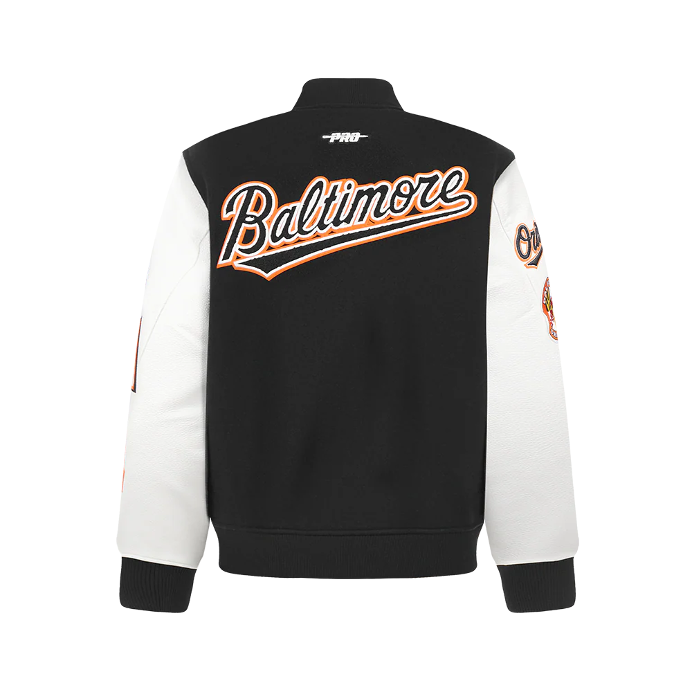 MLB BALTIMORE ORIOLES CLASSIC BIG BOYS WOOL VARSITY JACKET (BLACK/WHITE) - Image 3