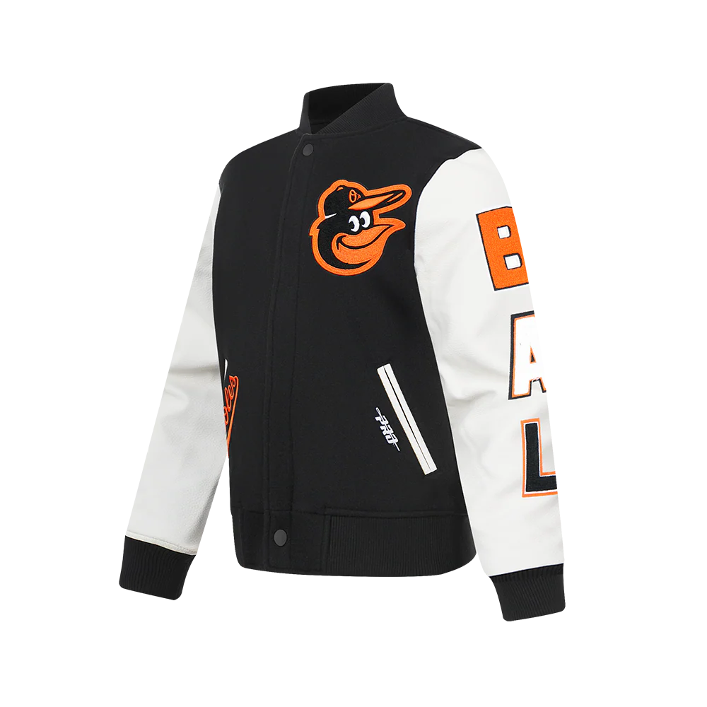 MLB BALTIMORE ORIOLES CLASSIC CHENILLE BIG BOY'S WOOL VARSITY JACKET (BLACK/WHITE)