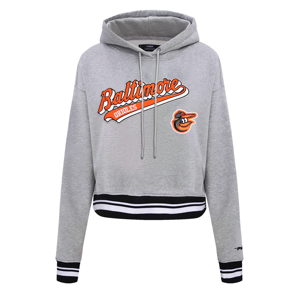 MLB BALTIMORE ORIOLES SCRIPT TAIL WOMEN'S RIB FLEECE CROPPED PULLOVER HOODIE (HEATHER GRAY/BLACK)