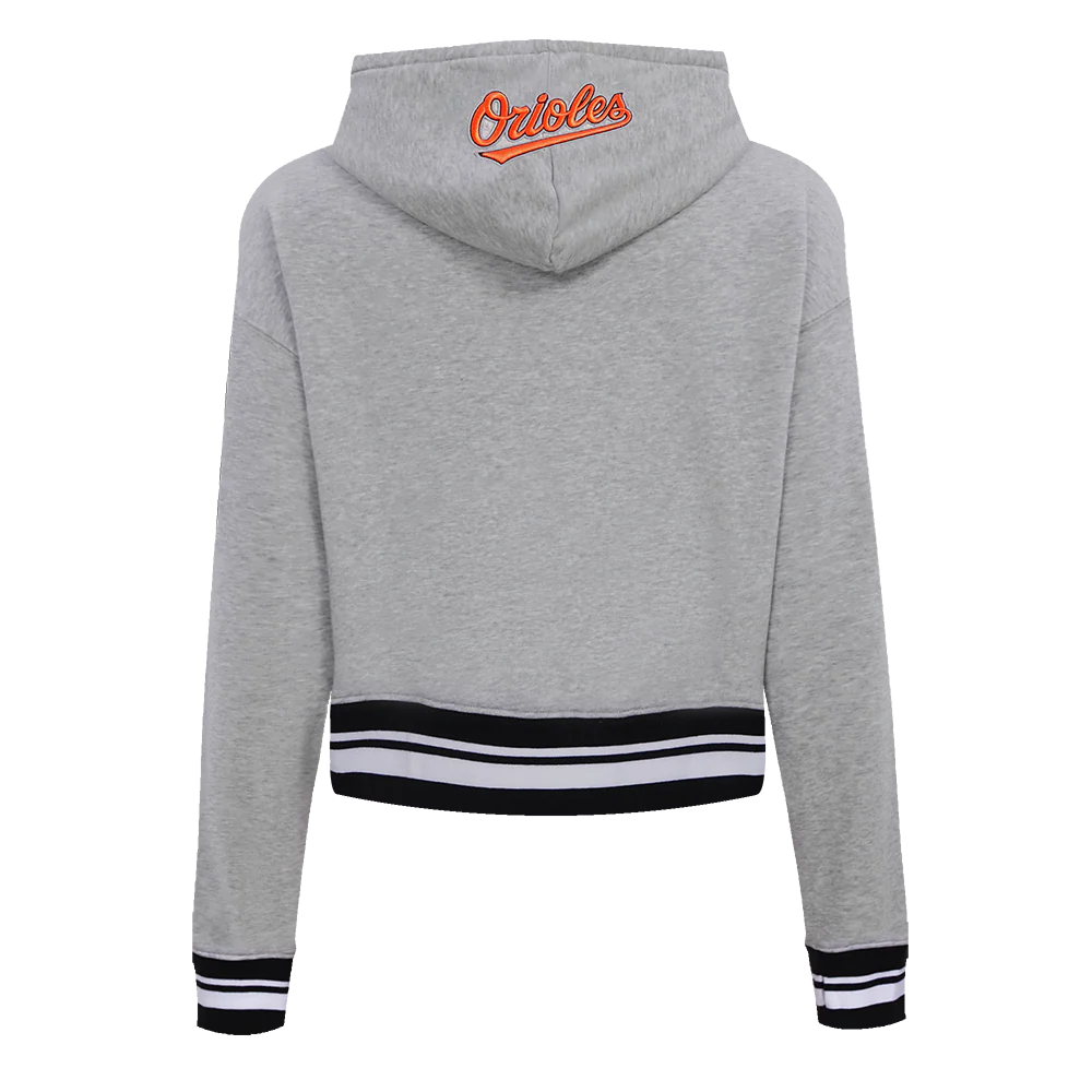 MLB BALTIMORE ORIOLES SCRIPT TAIL WOMEN'S RIB FLEECE CROPPED PULLOVER HOODIE (HEATHER GRAY/BLACK) - Image 3