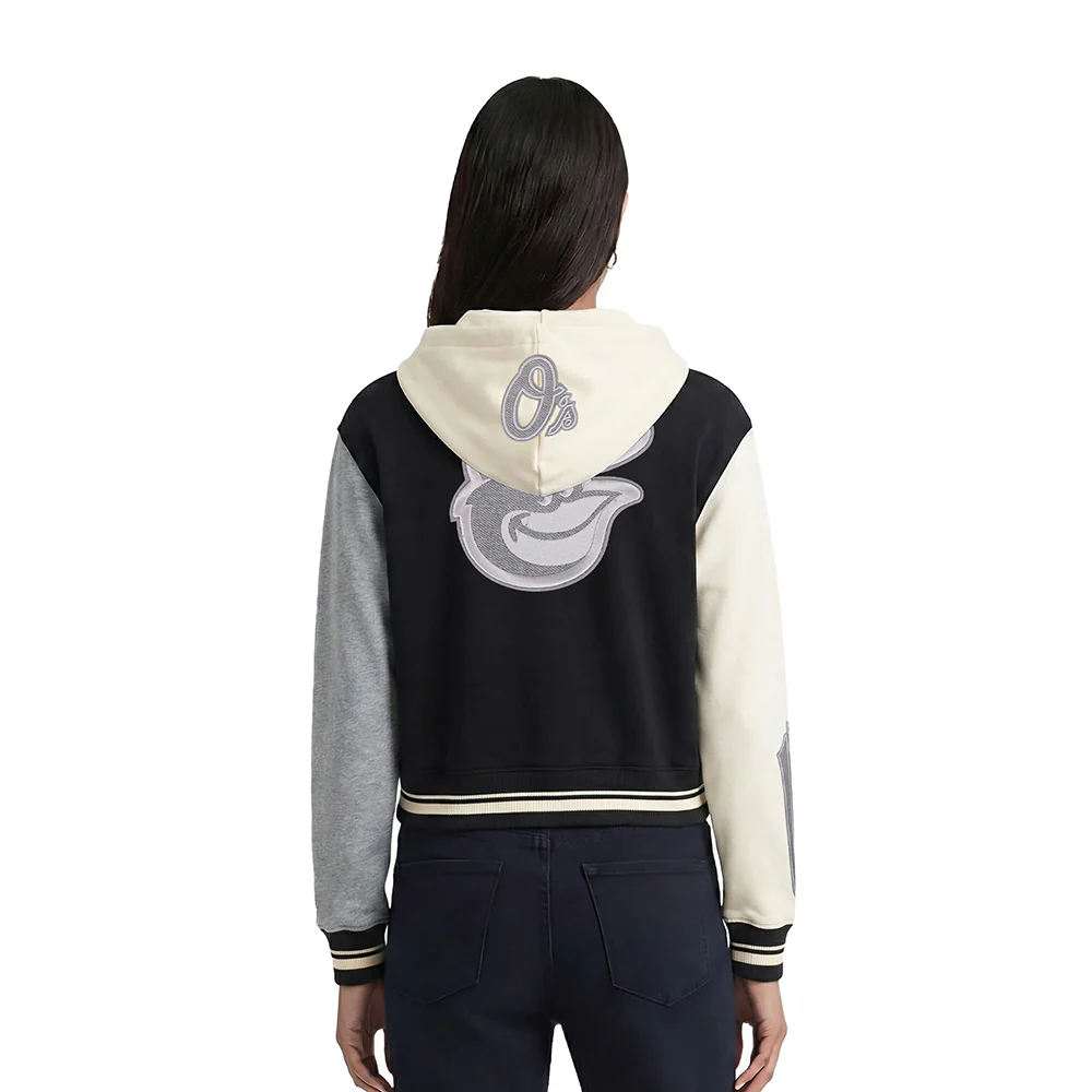 MLB BALTIMORE ORIOLES REVERSE FRENCH TERRY WOMEN'S COLOR BLOCK FLEECE FULL ZIP HOODIE (BLACK/GRAY/EGGSHELL) - Image 2