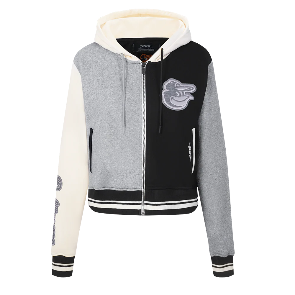 MLB BALTIMORE ORIOLES REVERSE FRENCH TERRY WOMEN'S COLOR BLOCK FLEECE FULL ZIP HOODIE (BLACK/GRAY/EGGSHELL) - Image 3