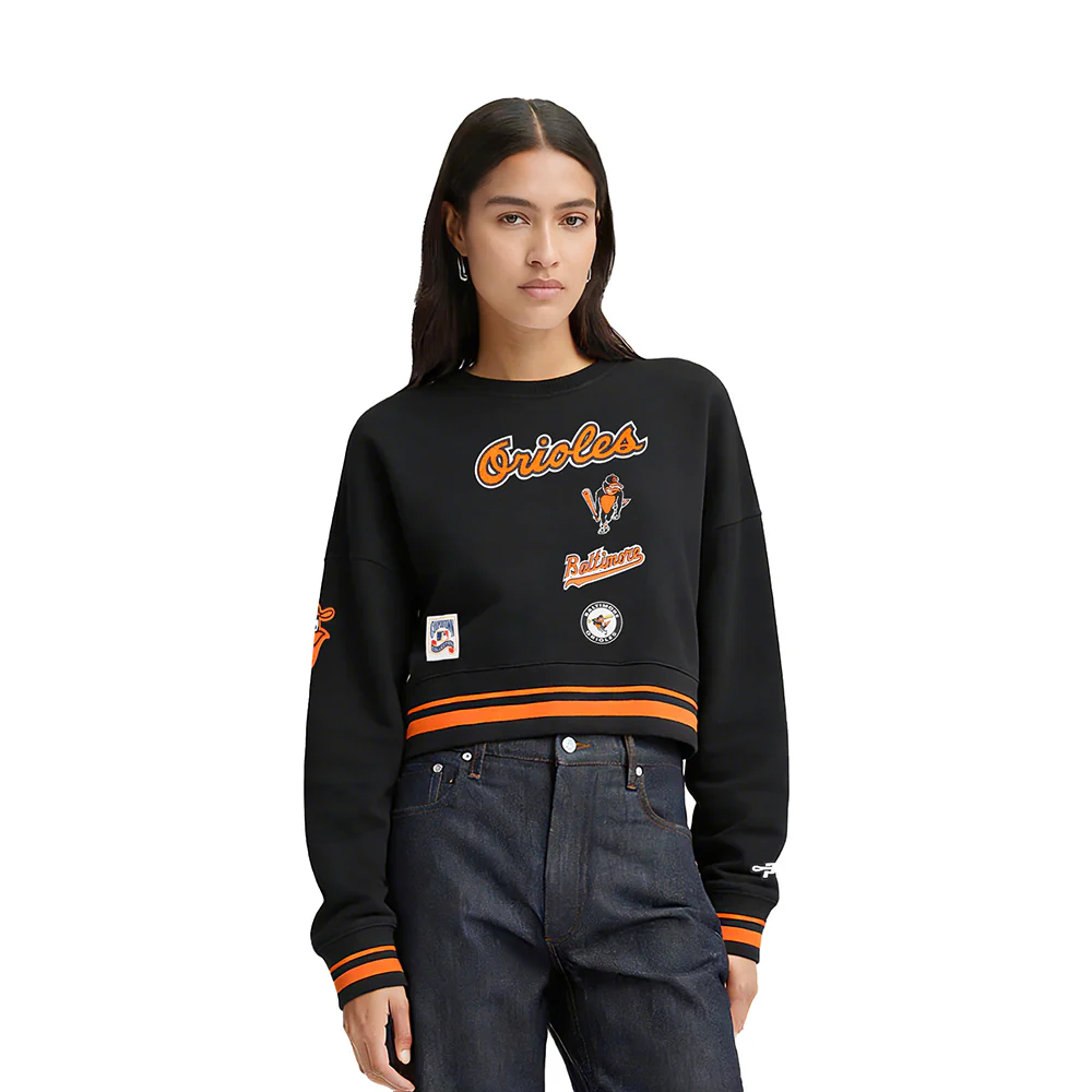MLB BALTIMORE ORIOLES RETRO CLASSIC WOMEN'S RIB FLC CREWNECK (BLACK/ORANGE)