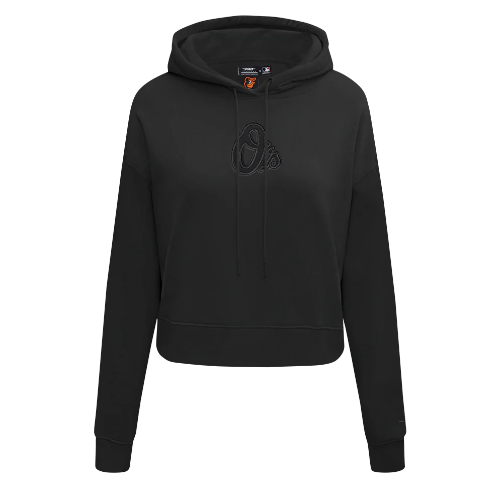 MLB BALTIMORE ORIOLES NEUTRAL WOMEN'S CROPPED PULLOVER HOODIE (BLACK) - Image 7