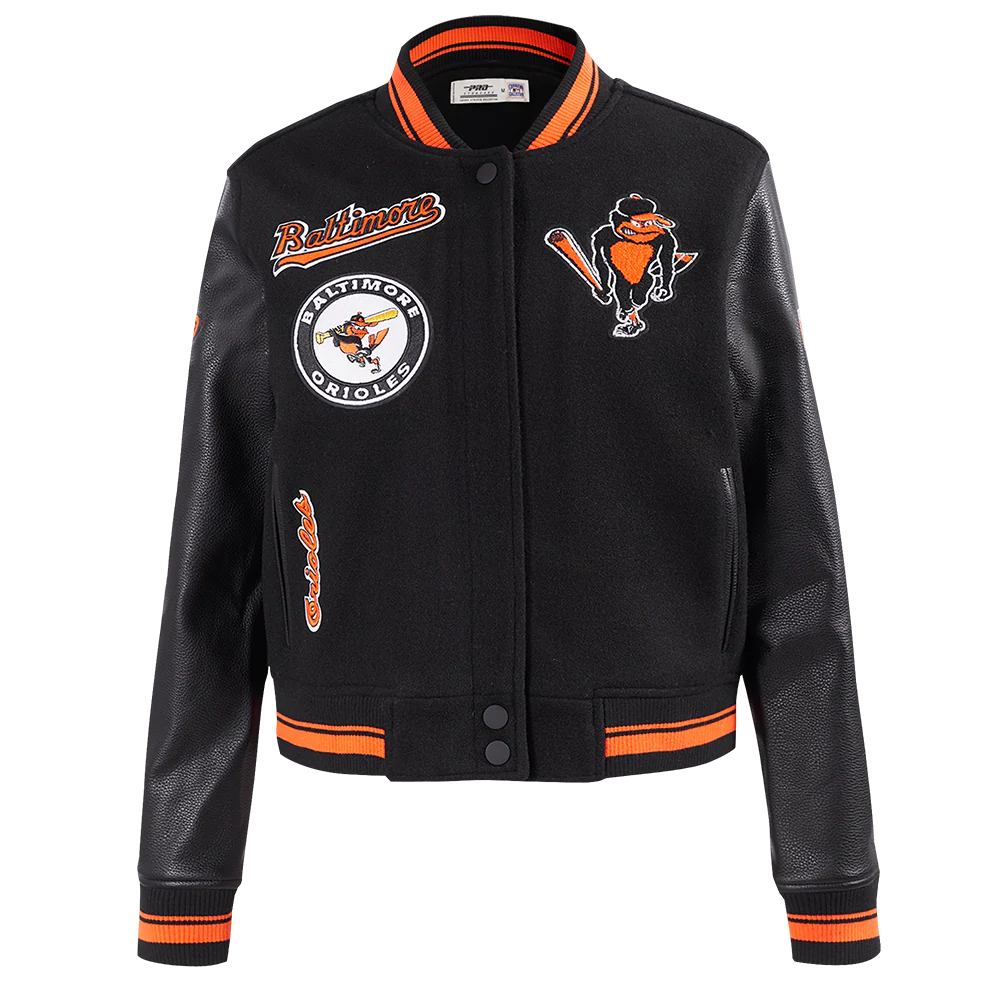 MLB BALTIMORE ORIOLES RETRO CLASSIC WOMEN'S RIB WOOL VARSITY JACKET (BLACK/ORANGE)
