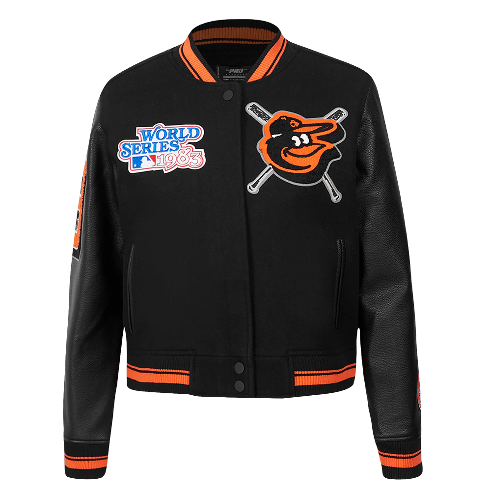 MLB BALTIMORE ORIOLES MASHUP WOMEN'S RIB WOOL VARSITY JACKET (BLACK/ORANGE)