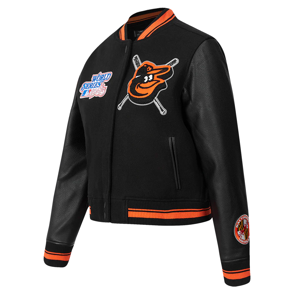 MLB BALTIMORE ORIOLES MASHUP WOMEN'S RIB WOOL VARSITY JACKET (BLACK/ORANGE) - Image 2
