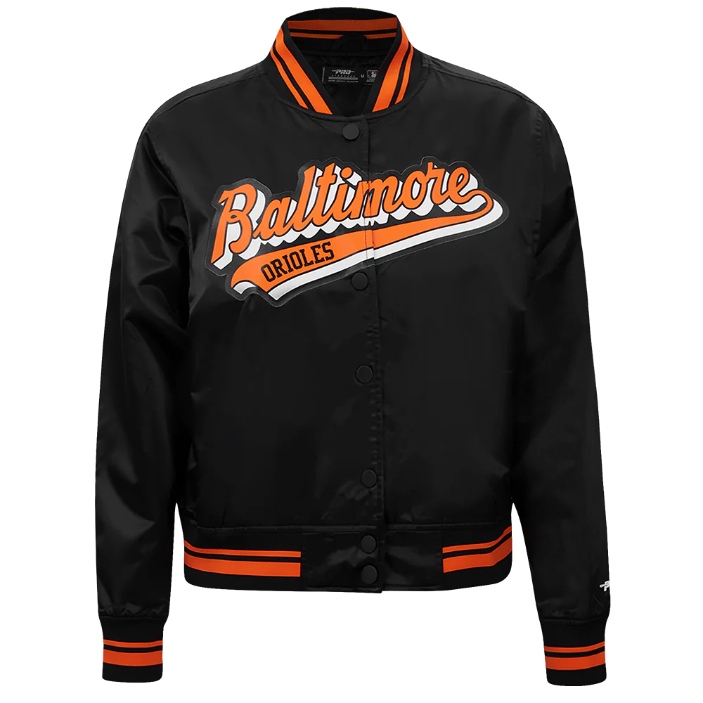 MLB BALTIMORE ORIOLES SCRIPT TAIL WOMEN'S SATIN JACKET (BLACK/ORANGE)