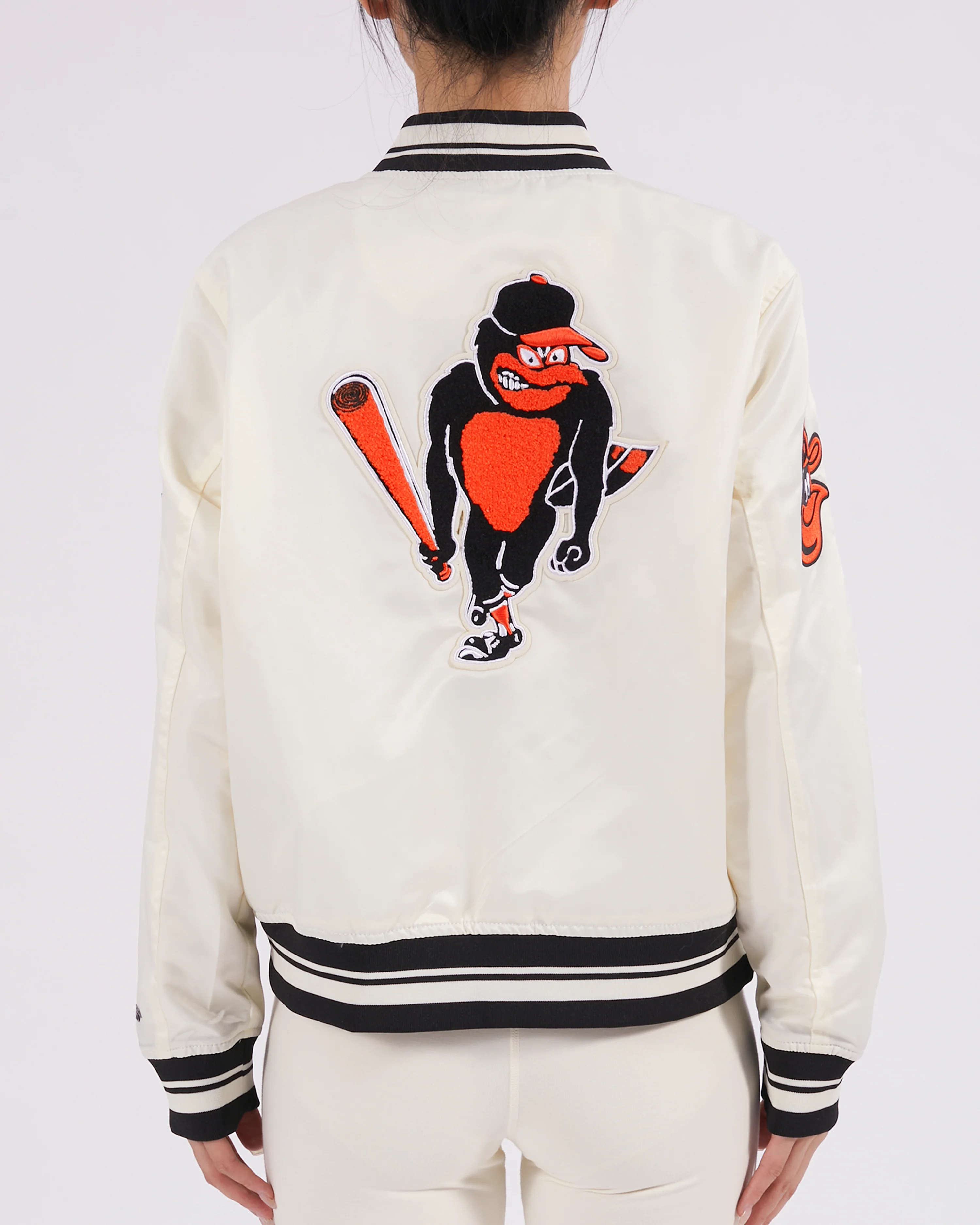 MLB BALTIMORE ORIOLES RETRO CLASSIC WOMEN'S RIB SATIN JACKET (EGGSHELL/ BLACK) - Image 3