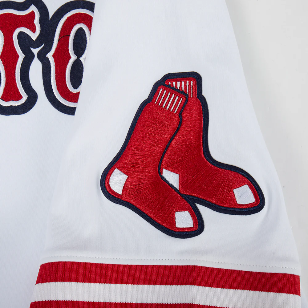 MLB BOSTON RED SOX CLASSIC CHENILLE MEN'S DOUBLE KNIT SHORT SLEEVE PULLOVER HOODIE (WHITE/RED) - Image 7