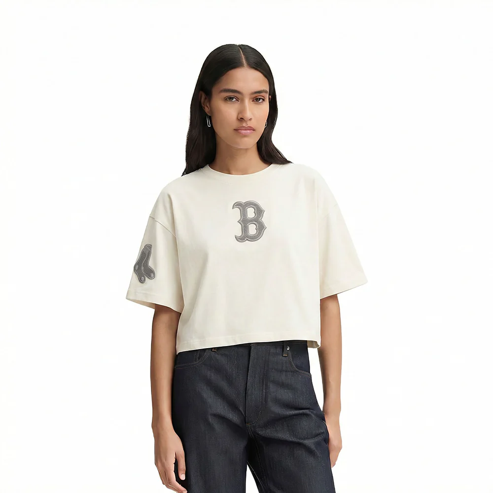 MLB BOSTON RED SOX REVERSE FRENCH TERRY WOMEN'S SINGLE JERSEY BOXY TOP (EGGSHELL)
