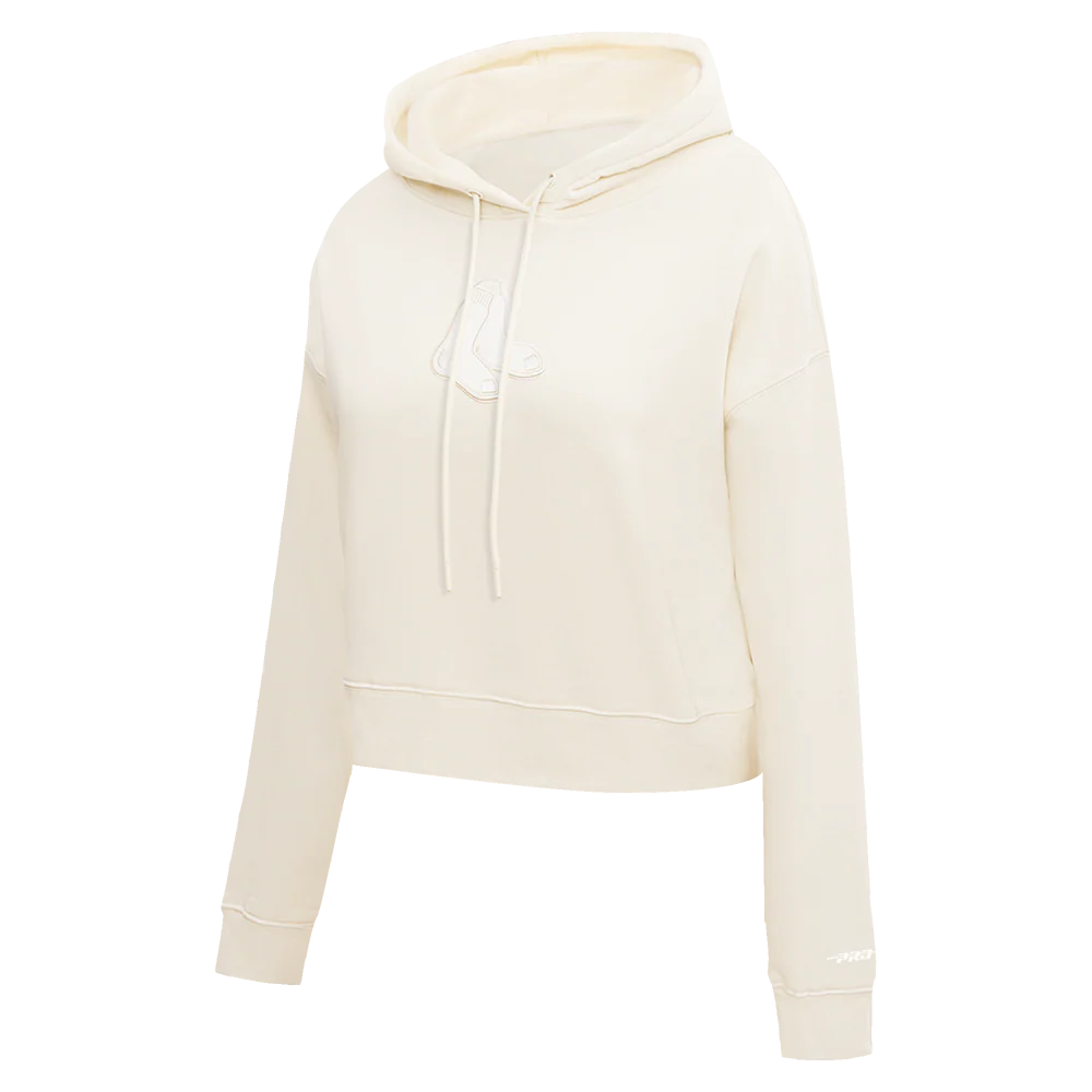 MLB BOSTON RED SOX NEUTRAL WOMEN'S CROPPED PULLOVER HOODIE (EGGSHELL) - Image 2