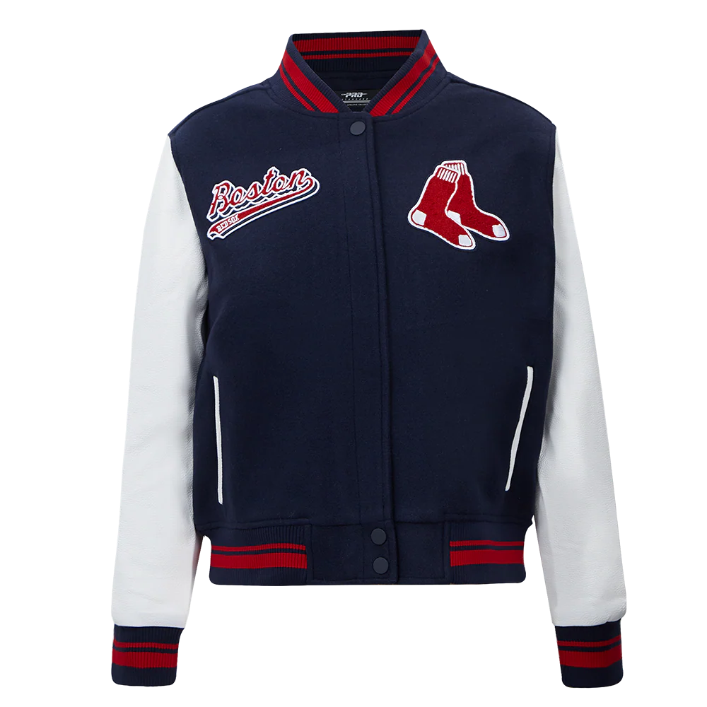 MLB BOSTON RED SOX SCRIPT TAIL WOMEN'S WOOL VARSITY JACKET (MIDNIGHT NAVY/RED/MIDNIGHT NAVY)