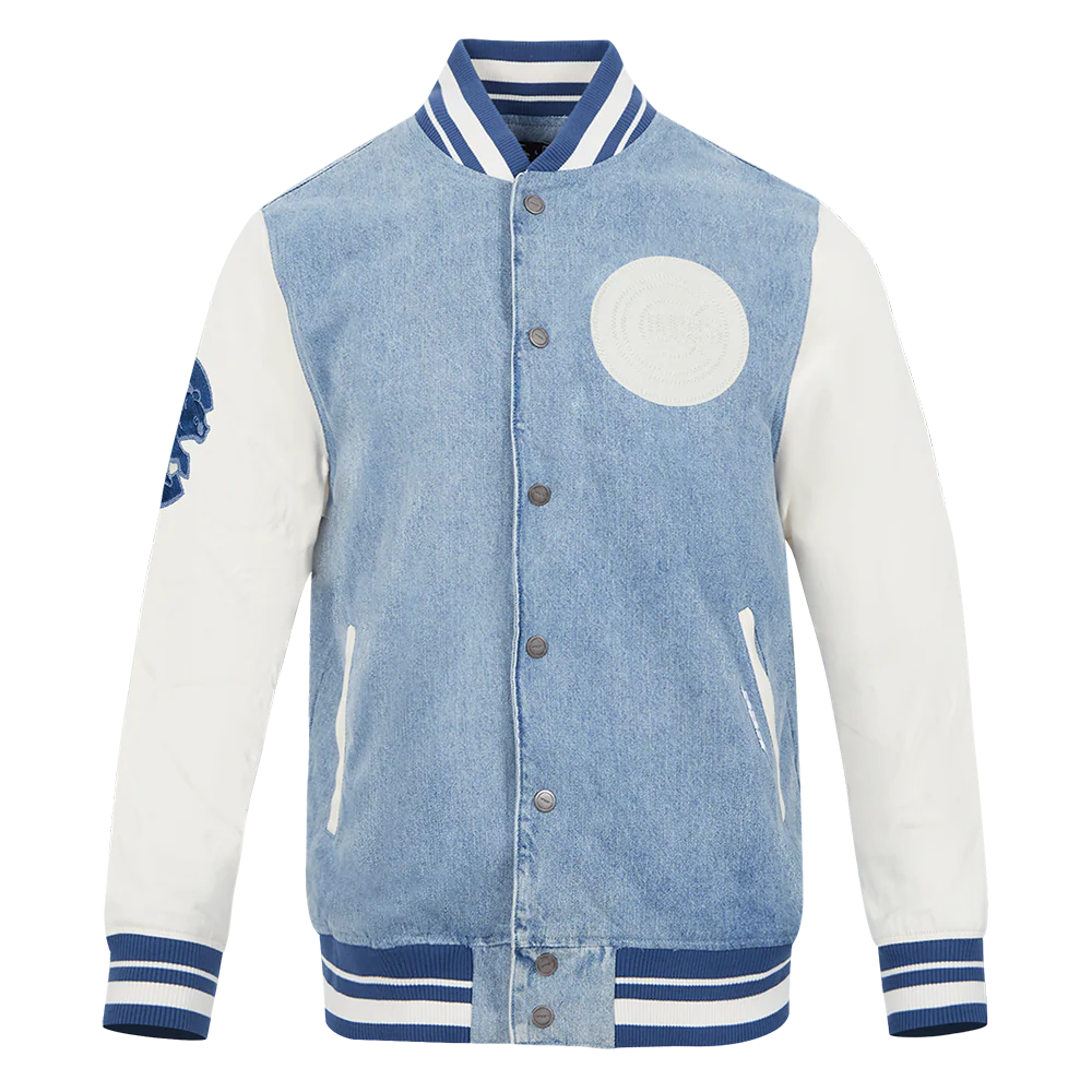 MLB CHICAGO CUBS VARSITY BLUES MEN'S DENIM VARSITY JACKET (DENIM/LINEN)