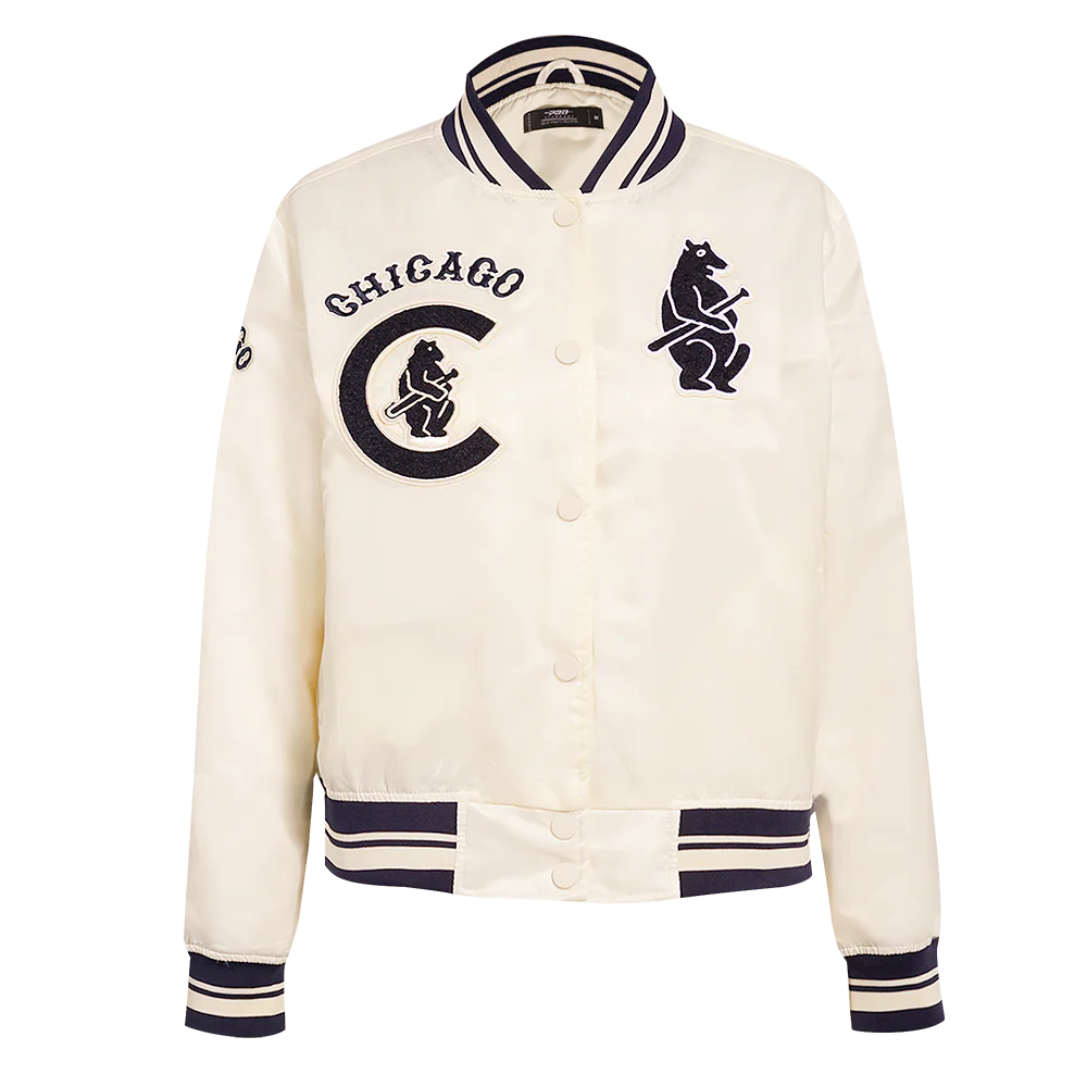 MLB CHICAGO CUBS RETRO CLASSIC WOMEN'S RIB SATIN JACKET (EGGSHELL/ MIDNIGHT NAVY)