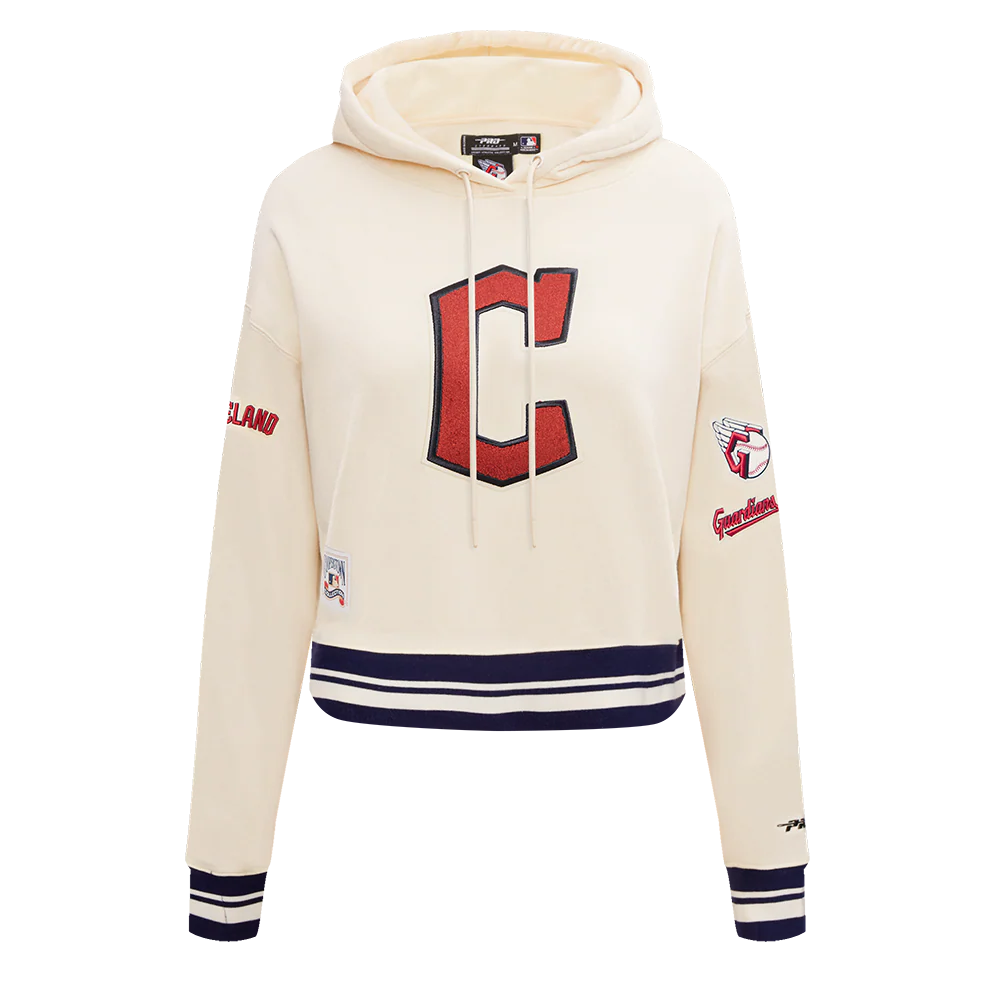 MLB CLEVELAND GUARDIANS RETRO CLASSIC WOMEN'S CROPPED PULLOVER HOODIE (EGGSHELL/ MIDNIGHT NAVY)