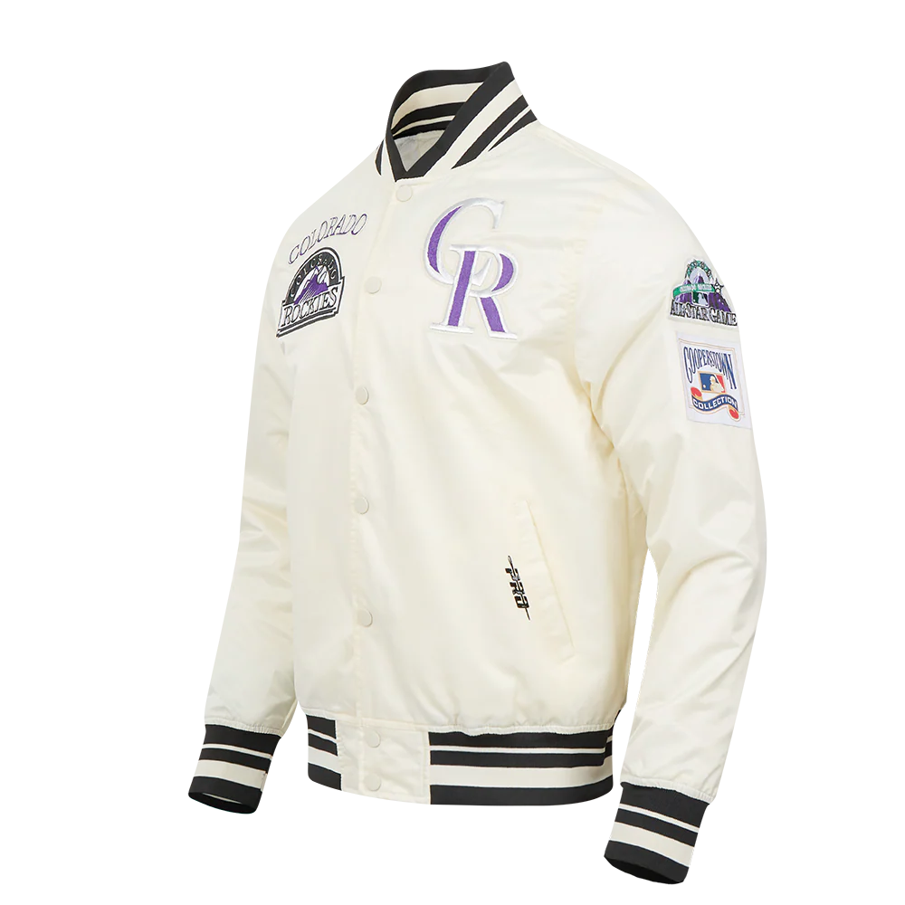 MLB COLORADO ROCKIES RETRO CLASSIC MEN'S RIB SATIN JACKET (EGGSHELL/ BLACK) - Image 2