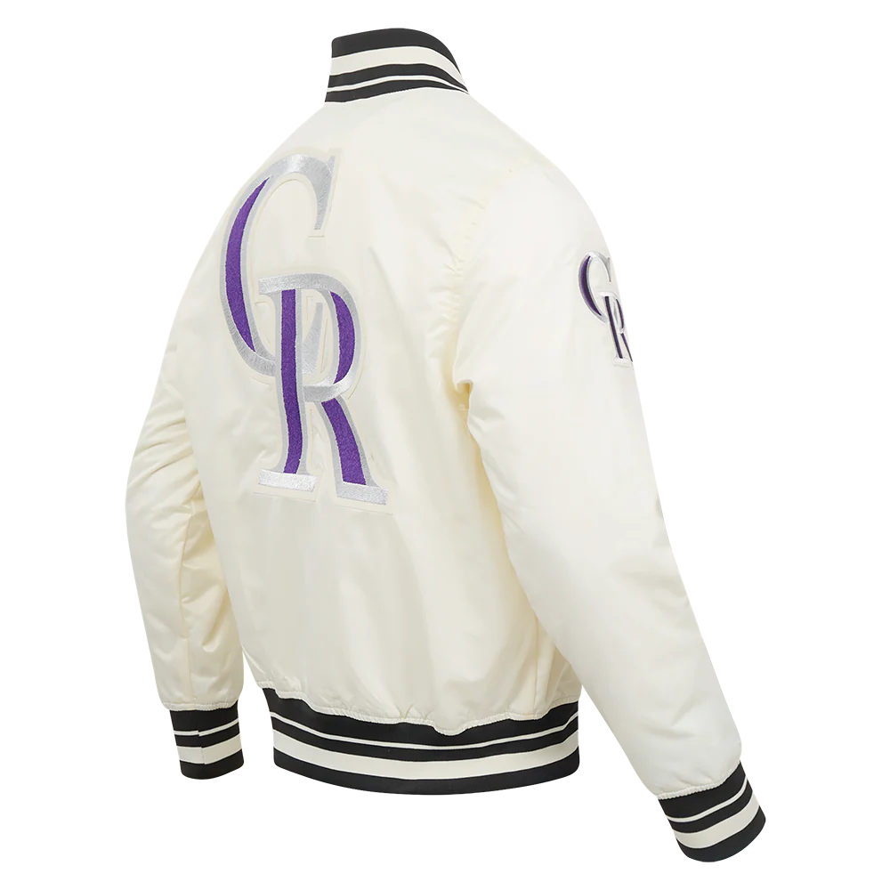 MLB COLORADO ROCKIES RETRO CLASSIC MEN'S RIB SATIN JACKET (EGGSHELL/ BLACK) - Image 4