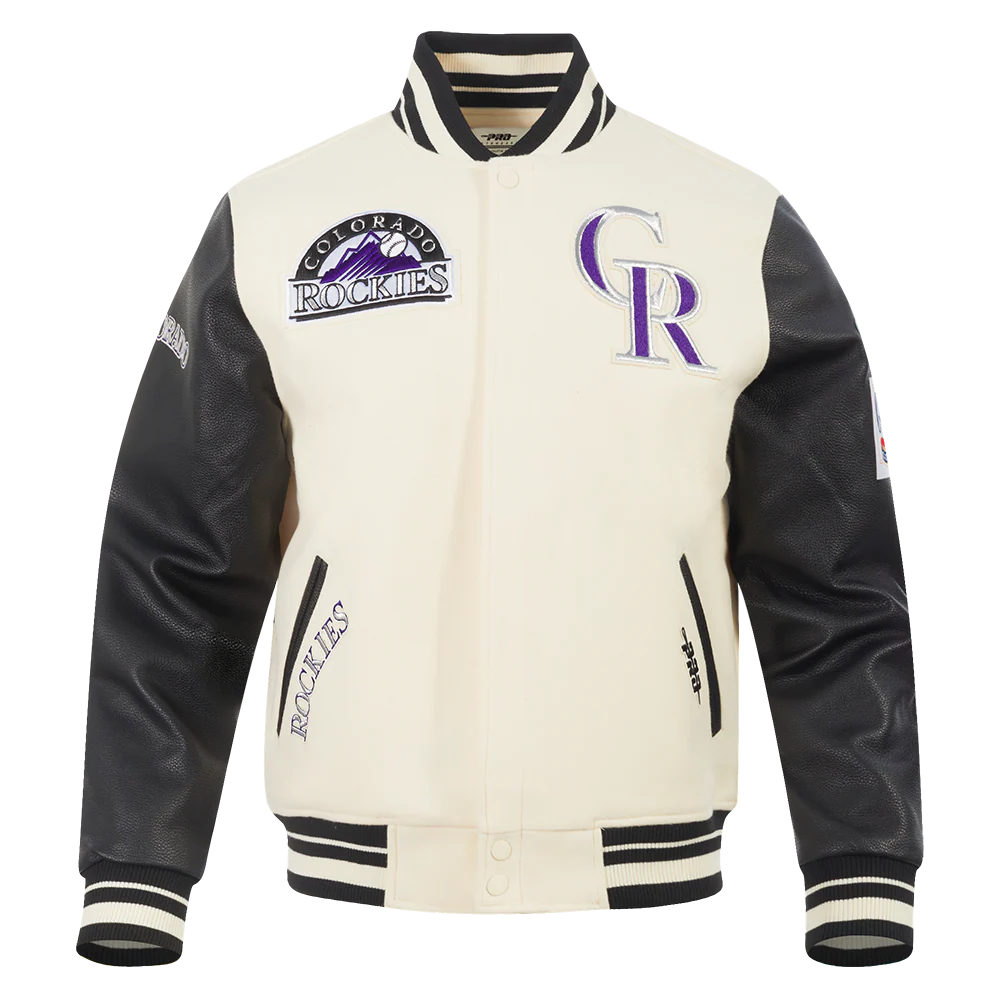 MLB COLORADO ROCKIES RETRO CLASSIC MEN'S RIB VARSITY JACKET (EGGSHELL/ BLACK)