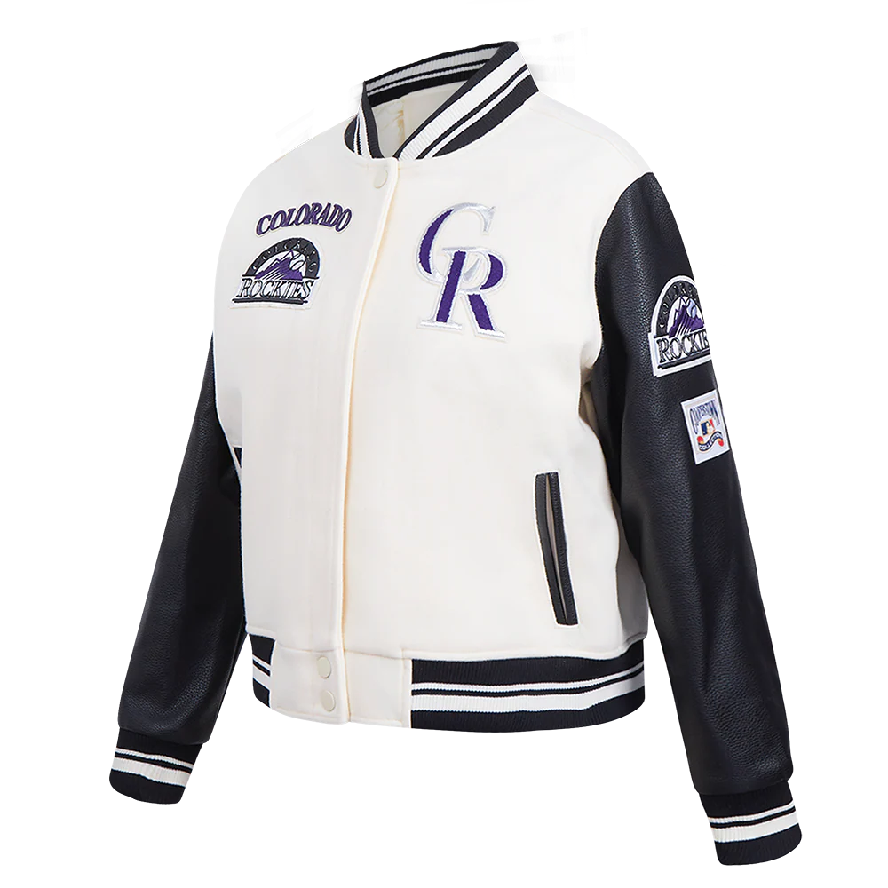 MLB COLORADO ROCKIES RETRO CLASSIC WOMEN'S RIB WOOL VARSITY JACKET (EGGSHELL/ BLACK) - Image 2