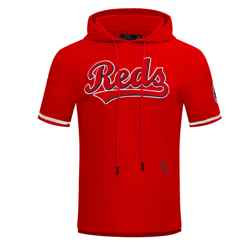 MLB CINCINNATI REDS CLASSIC CHENILLE MEN'S DOUBLE KNIT SHORT SLEEVE PULLOVER HOODIE (RED)