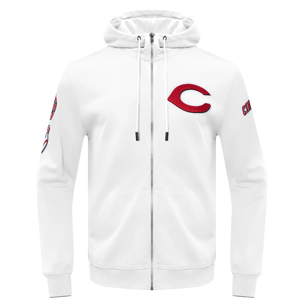 MLB CINCINNATI REDS CLASSIC CHENILLE MEN'S FULL ZIP HOODIE (WHITE)