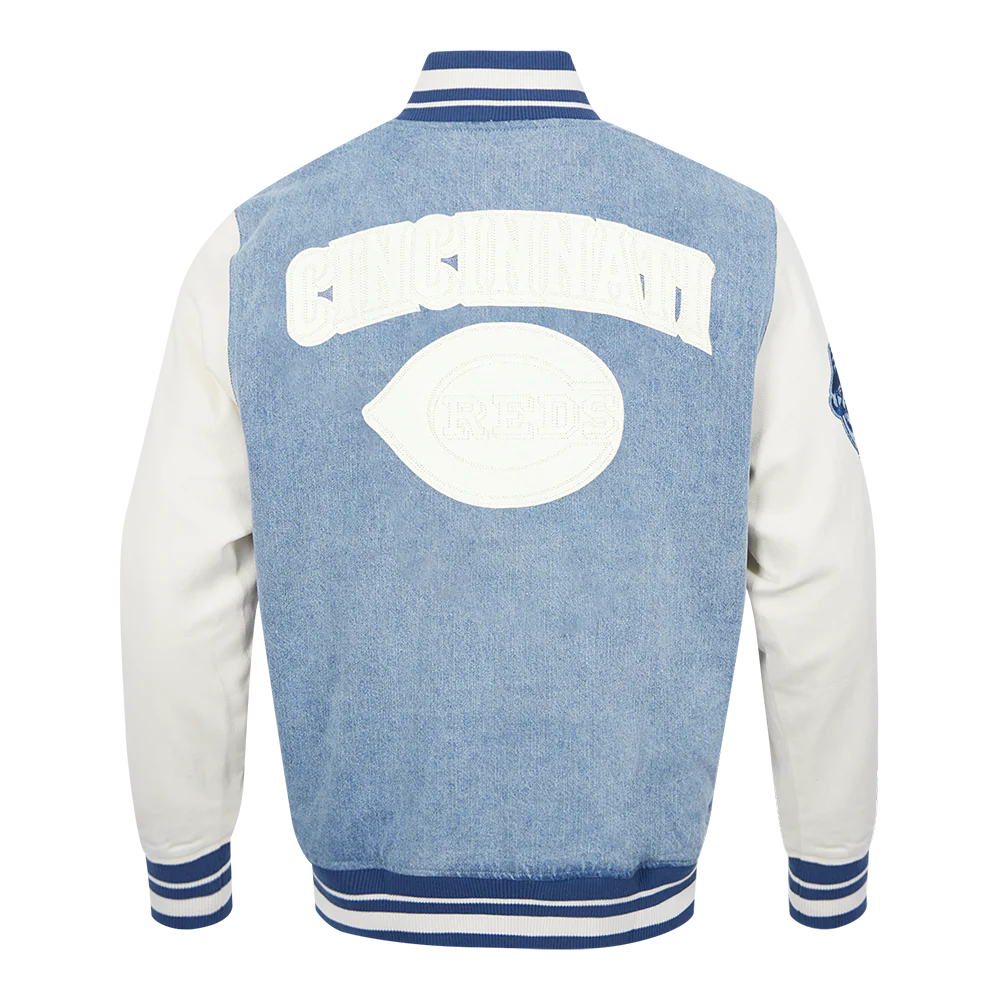 MLB CINCINNATI REDS VARSITY BLUES MEN'S DENIM VARSTIY JACKET (DENIM/LINEN) - Image 3