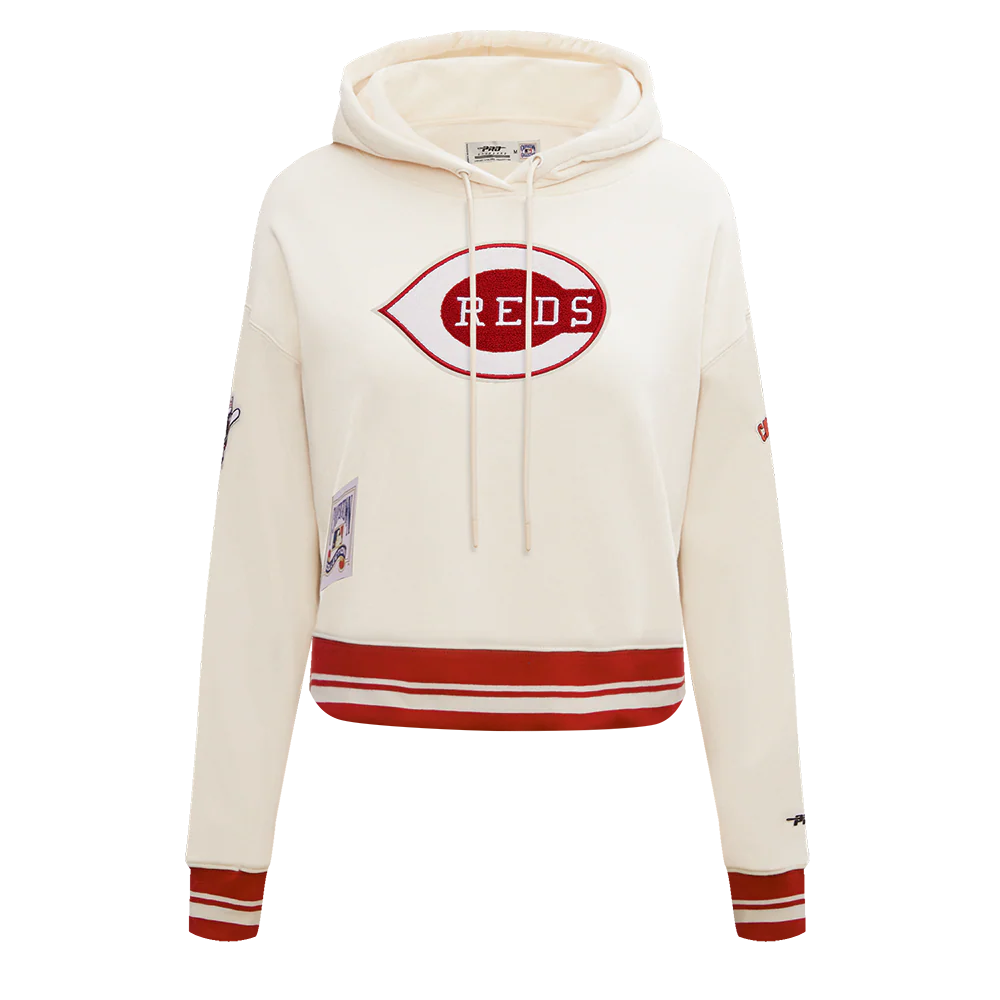 MLB CINCINNATI REDS RETRO CLASSIC WOMEN'S RIB CROPPED PULLOVER HOODIE (EGGSHELL/ RED)