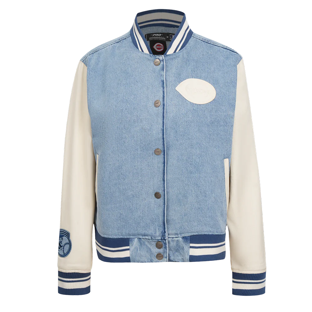 MLB CINCINNATI REDS VARSITY BLUES WOMEN'S DENIM VARSITY JACKET (DENIM/LINEN)