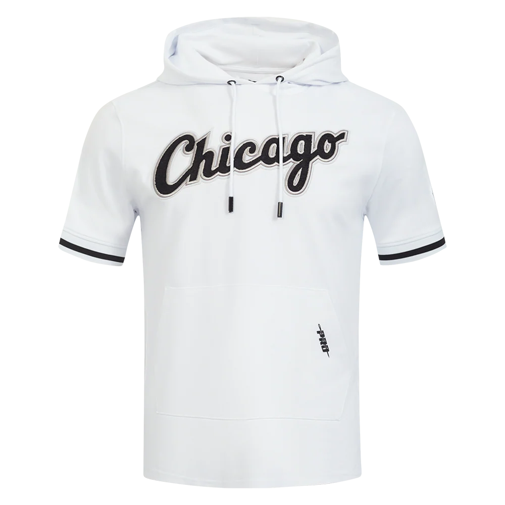 MLB CHICAGO WHITE SOX CLASSIC CHENILLE MEN'S DOUBLE KNIT SHORT SLEEVE PULLOVER HOODIE (WHITE/BLACK)