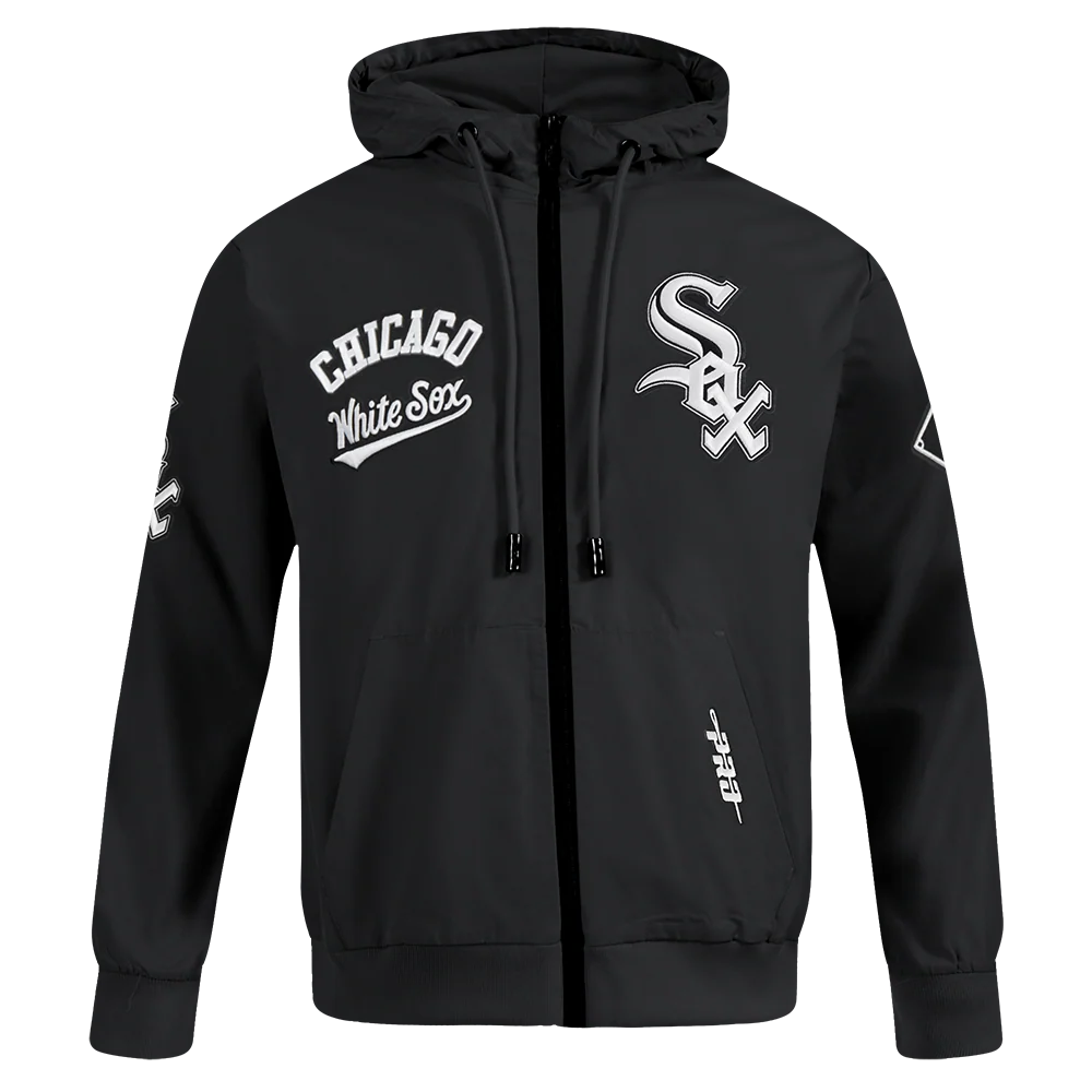 MLB CHICAGO WHITE SOX CLASSIC WIND SUIT MEN'S WOVEN FULL ZIP PULLOVER HOODIE (BLACK)
